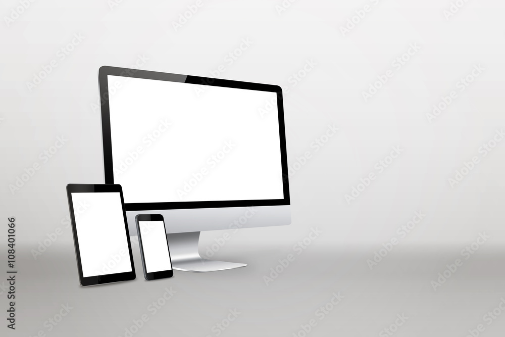 Poster devices with isolated white display for responsive web promotion. computer, laptop, tablet, smart ph