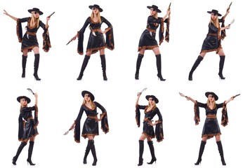 Fototapeta premium Woman pirate in various poses on white