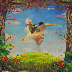 Beautiful woodland scene with  little boy and brown pelican  in sky , illustration art