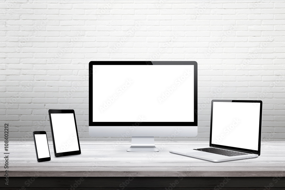 Poster devices with isolated white display for responsive web promotion. computer, laptop, tablet, smart ph