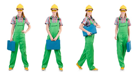 Woman in green coveralls isolated on white