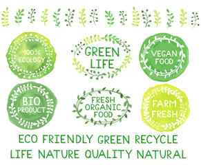 Set of watercolor green logos.Leaves,frames,badges,lettering, branches wreath,plant,laurels.Sign label,textured emblem set.Green life,ecology, vegan food, bio product,organic food,farm template.