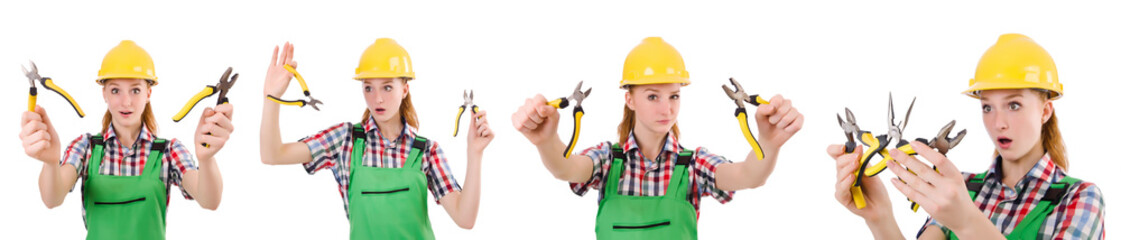 Construction worker female with pliers isolated on white