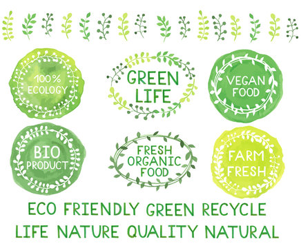 Set of watercolor green logos.Leaves,frames,badges,lettering, branches wreath,plant,laurels.Sign label,textured emblem set.Green life,ecology, vegan food, bio product,organic food,farm template.