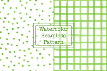 Set of two watercolor seamless patterns, green color. Square/check pattern and polka dot pattern. Watercolor seamless pattern for any your design project or for print on any item. 