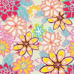 Seamless floral  background.Isolated flowers and leafs on beige