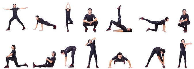 Young man doing exercises on white
