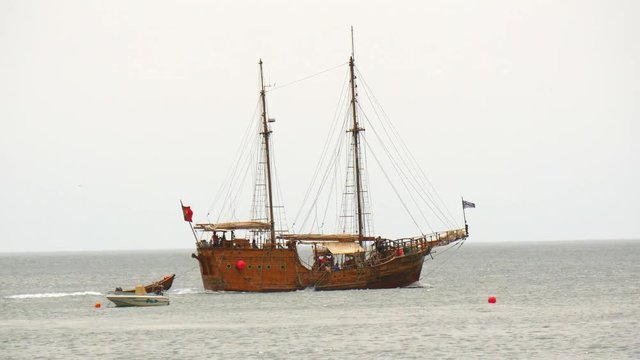 Old caravel sailing by the sea, Portugal (4K)