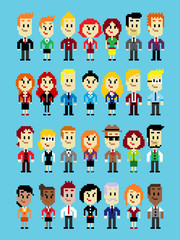 Businessperson characters (Man & Woman) wearing variation of colorful suit in Vector Pixel Art Style