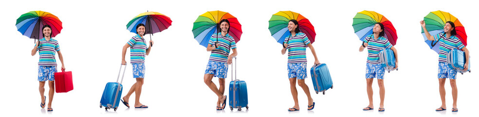 Traveler with red case  and umbrella isolated on white