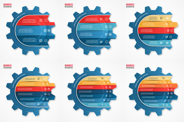 Vector gear style infographic set of templates for graphs, charts, diagrams and other infographics. Business concept with 3, 4, 5, 6, 7, 8 options, parts, steps, processes. Gear style logo.