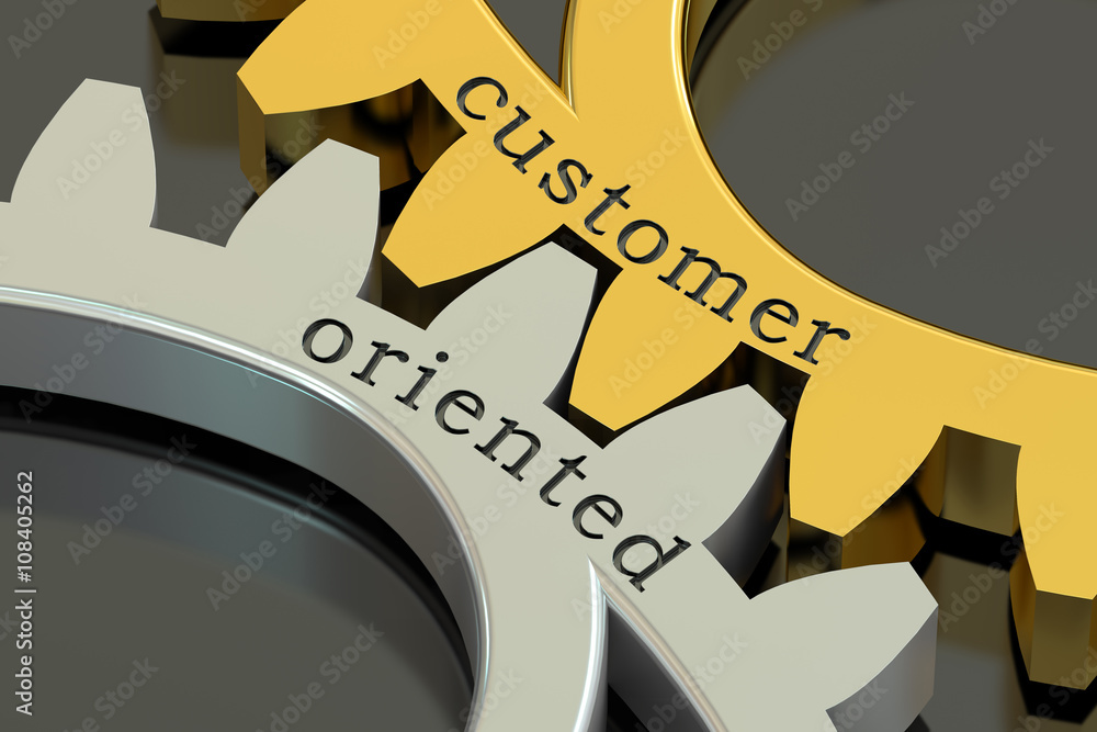 Poster customer oriented concept on the gearwheels, 3d rendering