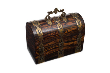 A Closed Wooden Chest-Style Jewelry Box with Handle Raised