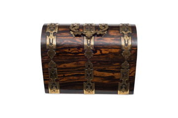 Front View of a Closed Antique Chest-Type Wooden Jewelry Box