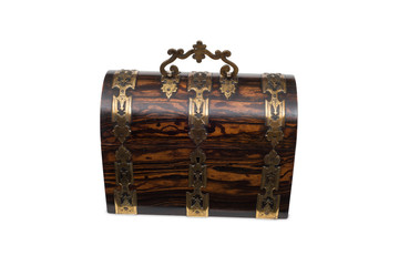 Front View of a Closed Antique Chest-Type Wooden Jewelry Box