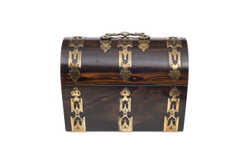 A Closed Vintage Wooden Chest-Type Jewlery Box in Front View