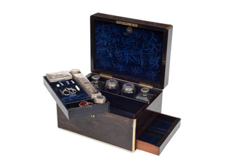 An Opened Antique Tall Grooming Box with Contents and Compartmen