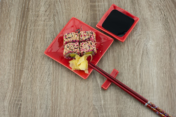 japanese sushi set on wood background