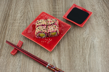 japanese sushi set on wood background