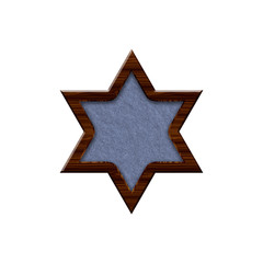 Cloth badge with wooden border in form of six-pointed star.