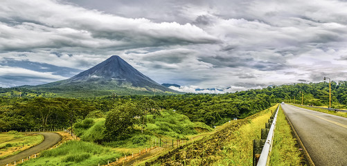 Panoramic view of Arenal Volcano during a cloudy day