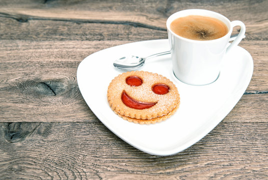 Cup Coffee Smiley Face Cookie. Funny Breakfast