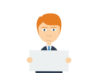 A smiling young caucasian guy in business suits holding a empty white board on which your own text can be put on.