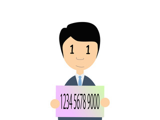 Flat vector illustration of a man in business suit holding Japanese my number card. My number is a social security number in Japan started in 2015