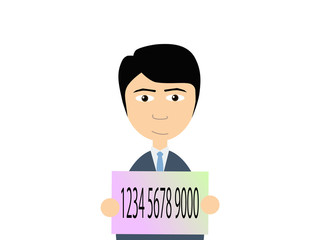 Flat vector illustration of a man in business suit holding Japanese my number card. My number is a social security number in Japan started in 2015.