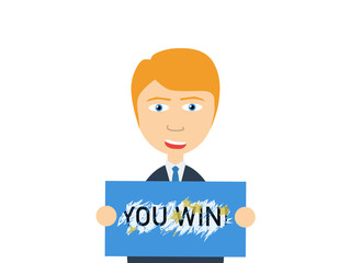 Flat vector illustration of a smiling young caucasian guy in business suits holding a winning lottery