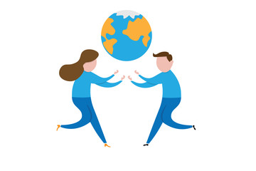 People man and woman holding earth