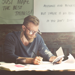 Architecture Man Working Blue Print Workspace Concept