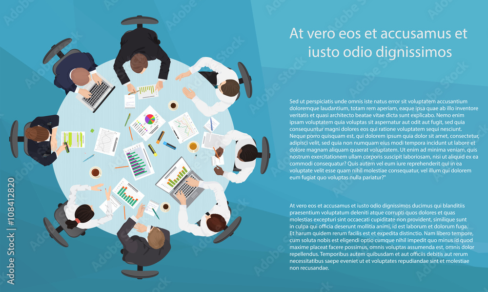 Poster Business management teamwork meeting and brainstorming concept. Round table in top point of view.