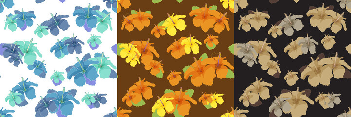 set of flowers hibiscus on brown, black . seamless 