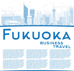 Outline Fukuoka Skyline with Blue Landmarks and Copy Space.