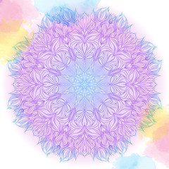 Vector  pink and blue mandala with watercolor stains. Decor for your design, lace ornament. Round pattern, oriental style
