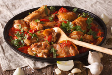 Chicken stew with a tomato, onion and pepper close-up. horizontal
