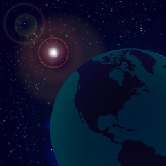 Planet earth with sunrise in space. World Map with Globes detailed editable. Vector space background