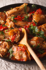 Chicken stew with vegetables and spices - chakhokhbili close-up. vertical
