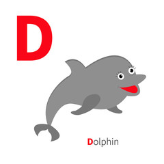 Letter D Dolphin. Zoo alphabet. English abc with animals Education cards for kids Isolated White background Flat design