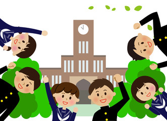 ガッツポーズをする笑顔の生徒たち