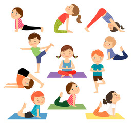 Children yoga. Kids doing yoga in different yoga poses. Vector illustration