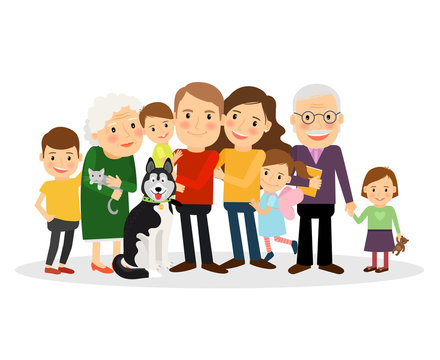 Cartoon family portrait. Big family together. Vector illustration