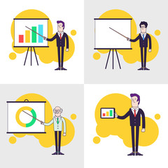 Modern businessmen set. Flipchart with colored bar chart, pie chart. Old professor is showing presentation. Businessman is holding tablet. Line flat style illustration.