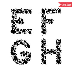 decorative letters E, F, G, H,  made from  drops and blots