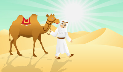 camel and the arabian man in desert