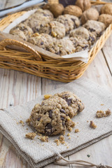 homemade chocolate walnut cookies with ingredients and kitchen u