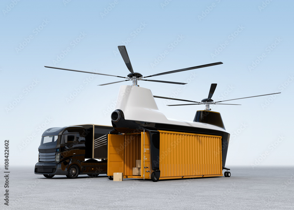 Poster cargo drone and hybrid truck on the ground. cargo container opened and several cardboard boxes in it