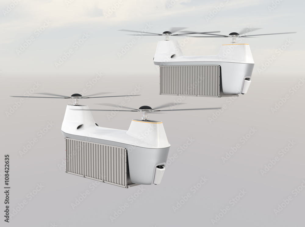 Aufkleber two drones carrying cargo containers flying in the sky. 3d rendering image. original design.