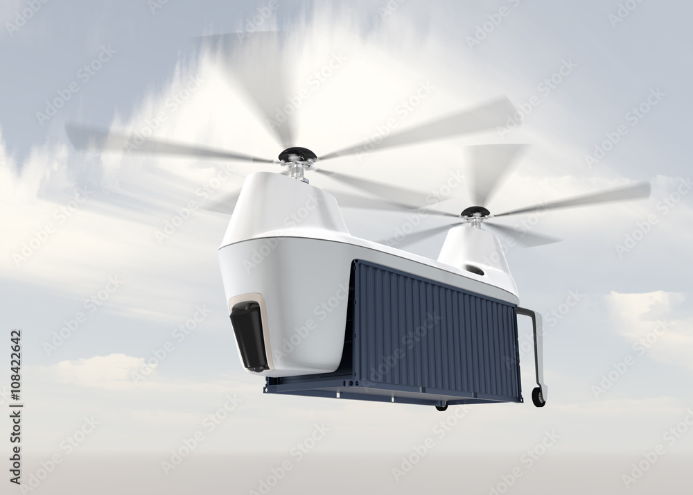 Poster drone carrying cargo container flying in the sky. 3d rendering image. original design.
